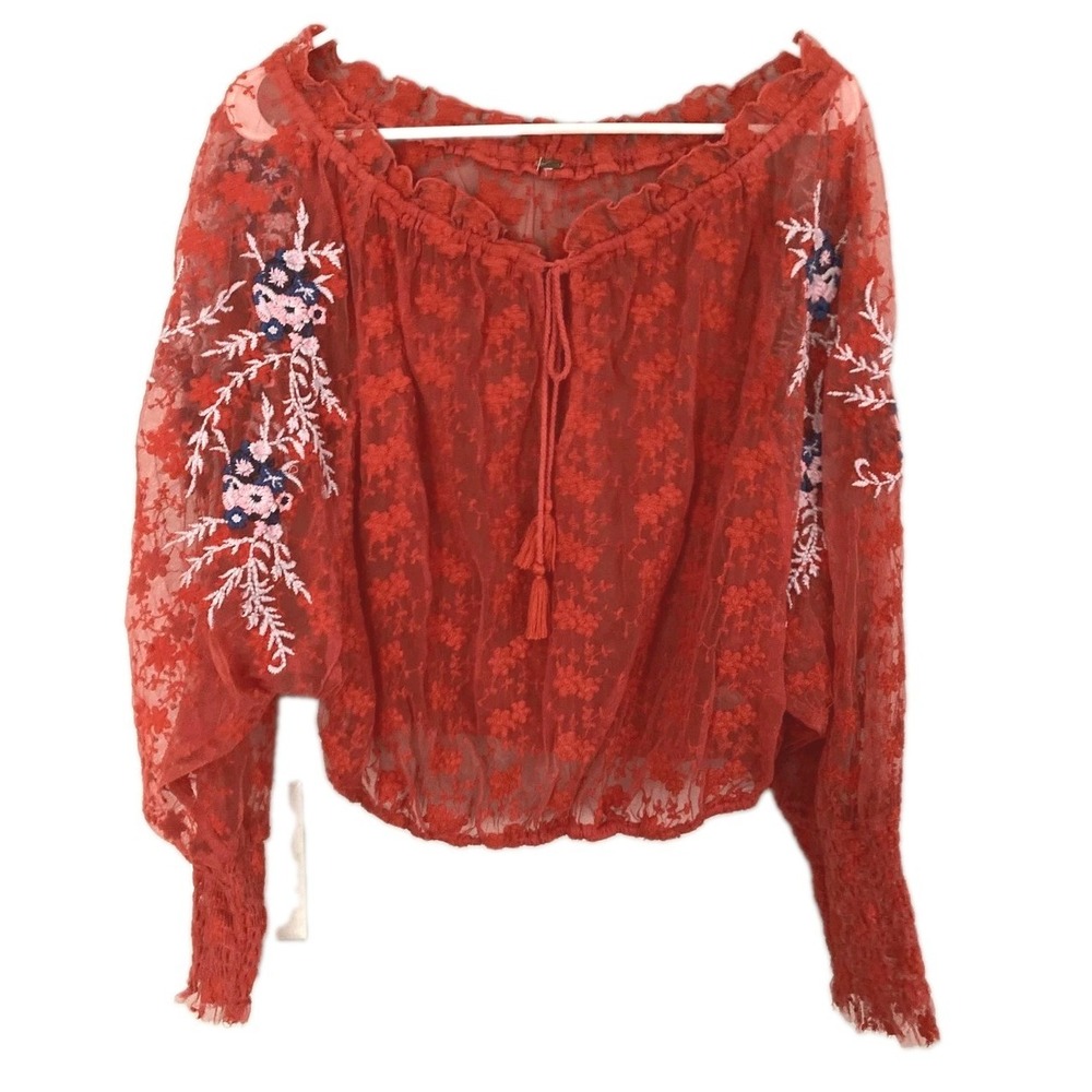 Free People Blouse Women M/L? Red Sheer Embroidered Off Shoulder Crop Top Tassel
